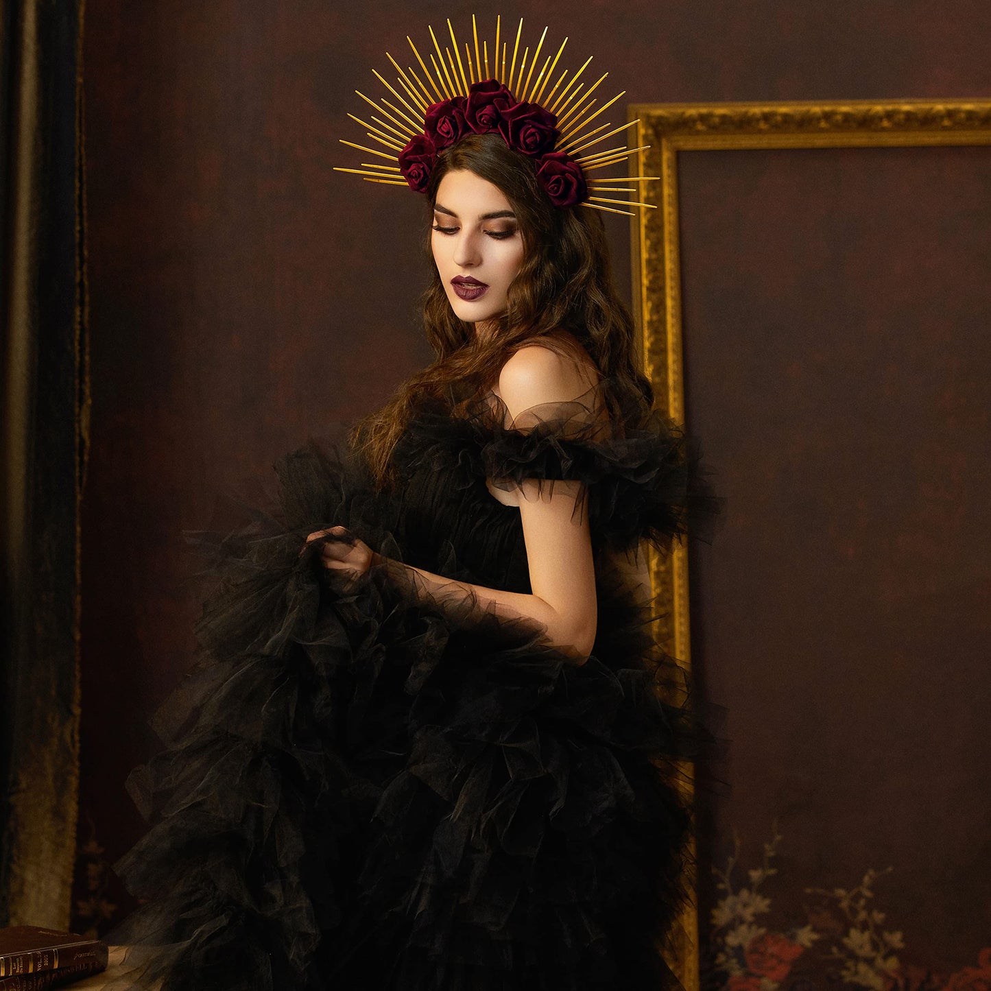 Fantherin Halo Crown with Roses Womens Mexican Flower Goddess Rose Spiked Sun Headpiece for Cosplay Halloween Costume