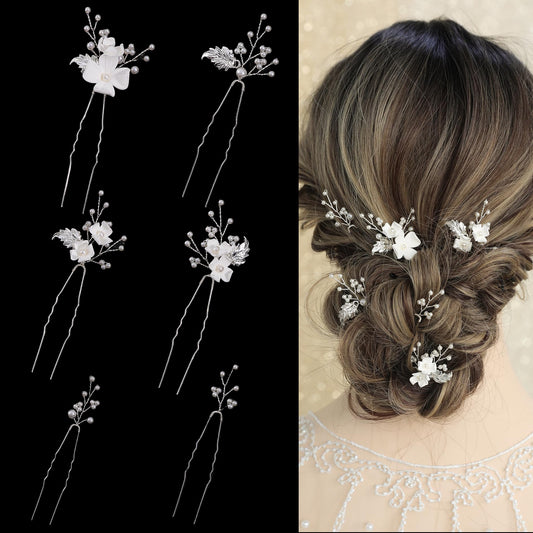 SELFCLOUD Handmade Pearl Bridal Wedding Hair Pins 6Pcs White Flower Gold Leaf Pearls Clips Bridal Hair Accessories for Women Brides Bridesmaid