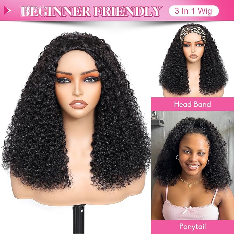 Kinky Curly Half Wig 18in Human Hair 200 Density Glueless 3-in-1 with Drawstring - Wear & Go (Variation: 2+18 Inch)