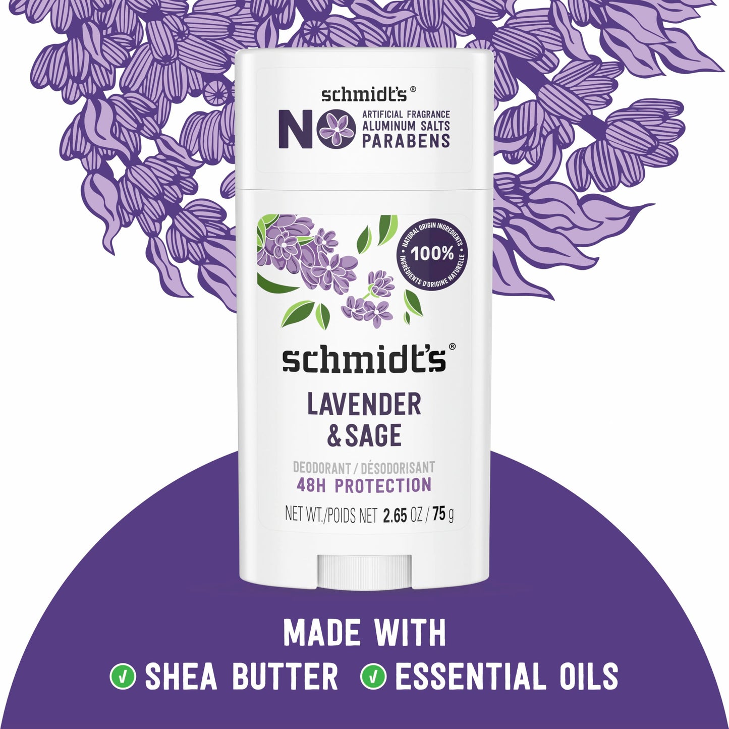 Schmidt's Aluminum-Free Vegan Deodorant Lavender & Sage with 24 Hour Odor Protection, 2 Count for Women and Men, Natural Ingredients, Cruelty-Free, 2.65 oz
