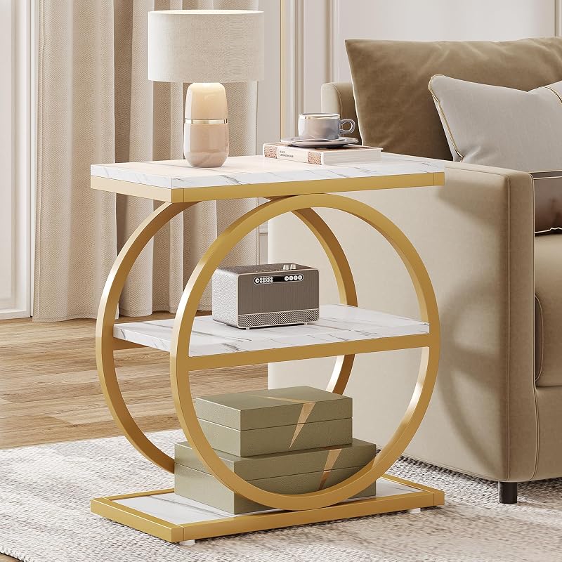 Tribesigns End Table with Storage Shelves - 3-Tier Slim Nightstand, Industrial White & Gold