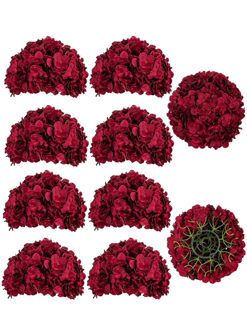 BLOSMON Hydrangea Artificial Flower Ball Centerpieces, 10 Pcs, Burgundy