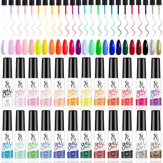 24-Color Gel Liner Set for Nail Art - SXC Cosmetics with Thin Brush for Swirl Designs