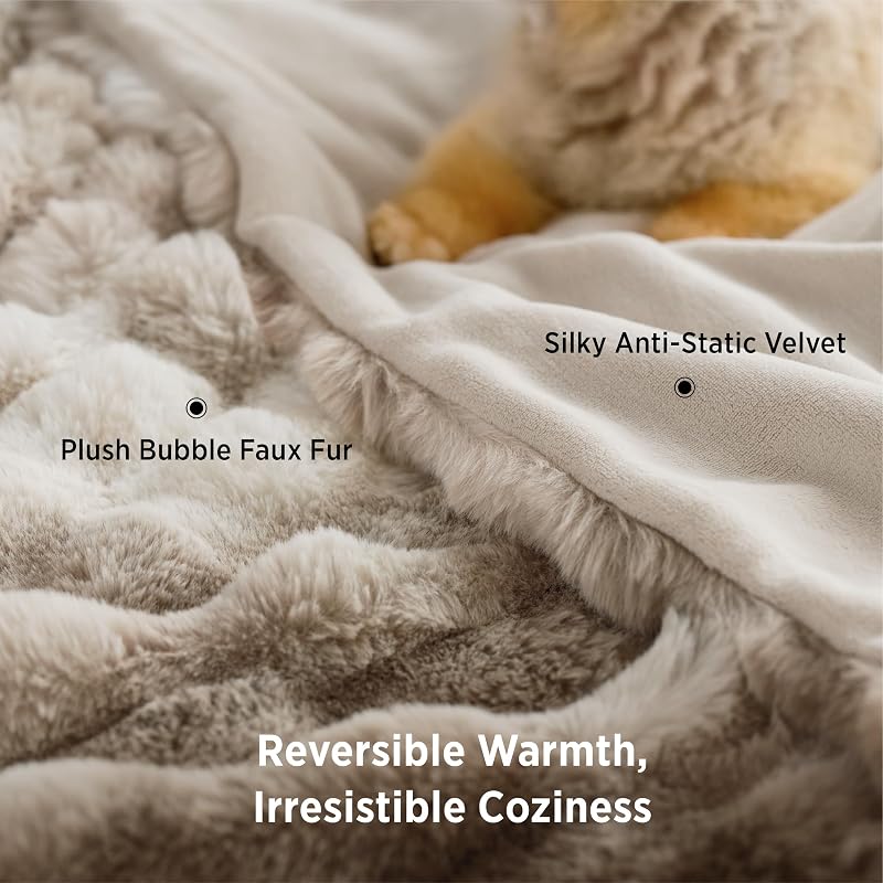 Bedsure Tie-Dye Taupe Fluffy Bubble Faux Fur Blanket Queen 90x90