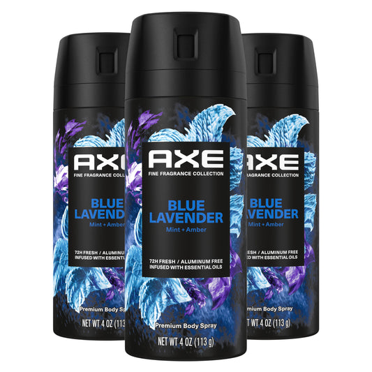 AXE Fine Fragrance Collection Premium Deodorant Body Spray for Men Blue Lavender 3 Count with 72H Odor Protection and Freshness Infused with Lavender, Mint, and Amber Essential Oils 4 oz