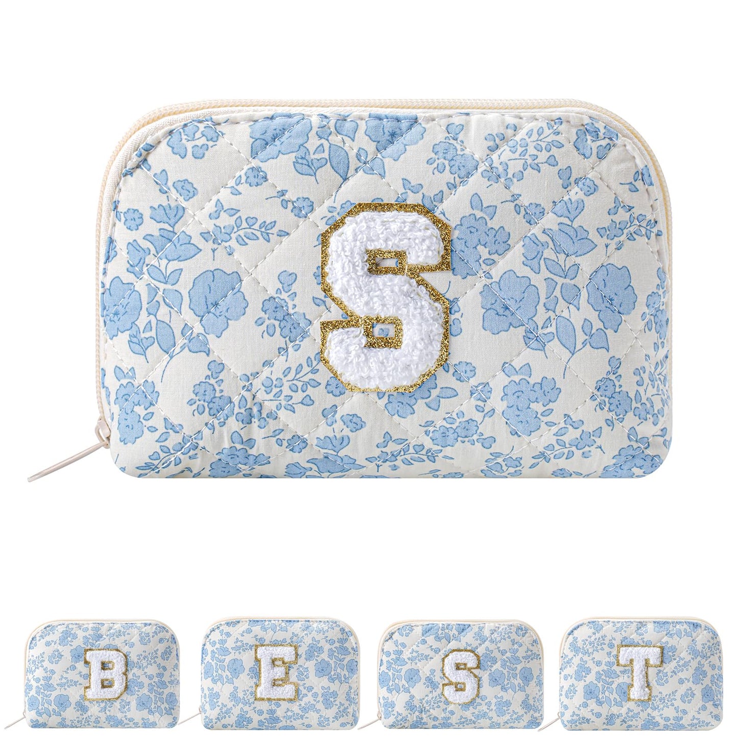 JOVAKIT Conch Alphabet Makeup Bag Cosmetic Bag for Women, Christmas Gifts for Women Girls, Blue Floral Coquette Travel Bag, Zipper Make Up Pouch Organizer Trendy Stuff (Blue Floral S)