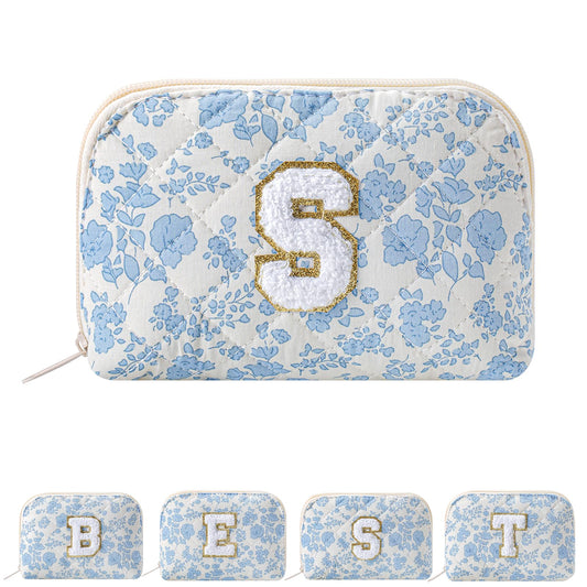 JOVAKIT Conch Alphabet Makeup Bag Cosmetic Bag for Women, Christmas Gifts for Women Girls, Blue Floral Coquette Travel Bag, Zipper Make Up Pouch Organizer Trendy Stuff (Blue Floral S)