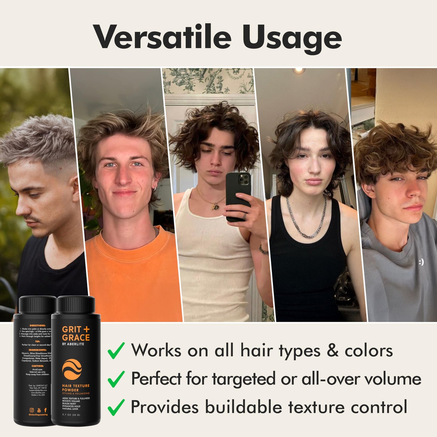 Aberlite Grit + Grace Hair Texture Powder for Men & Women - Styling Texturizing Volume Powder, Volumizing Hair Products, Matte Finish