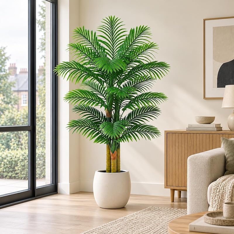 5FT Artificial Golden Cane Palm Tree with White Pot - UV Resistant, Indoor/Outdoor