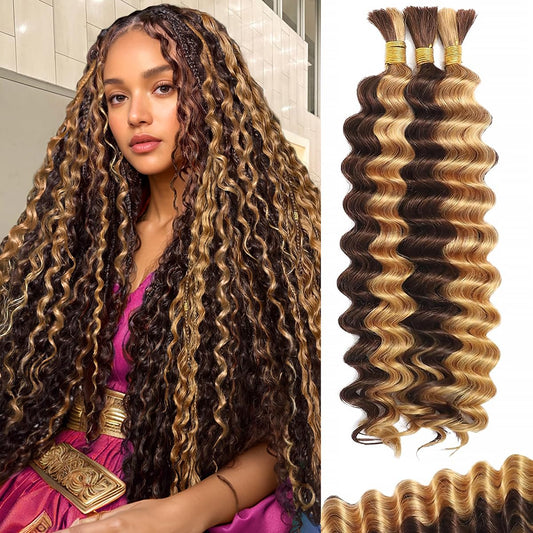 CIFENDIN Human Braiding Hair for Boho Braids 24 Inch 110g Color 4/27 Highlight Balayage Deep Wave Boho Bulk Human Hair for Braiding Knotless 12A Curly Wet and Wavy Bohemian Braids No Weft 3 Bundles