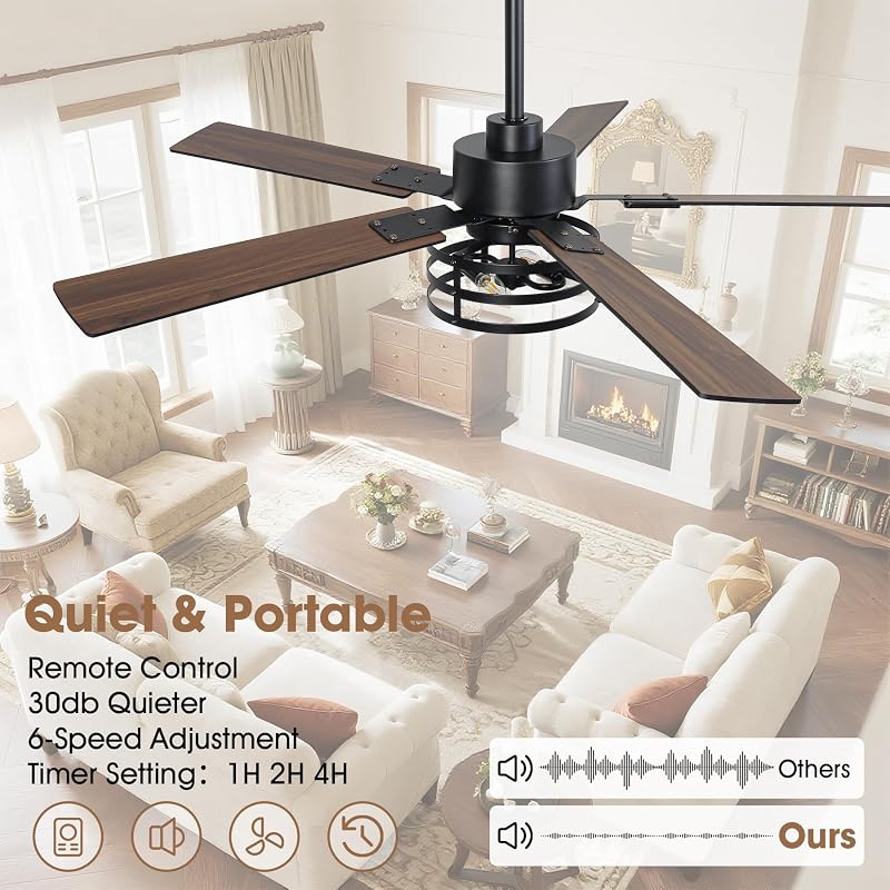 52 Inch Farmhouse Ceiling Fan with Light - Maple/Black, 6-Speed DC, Remote