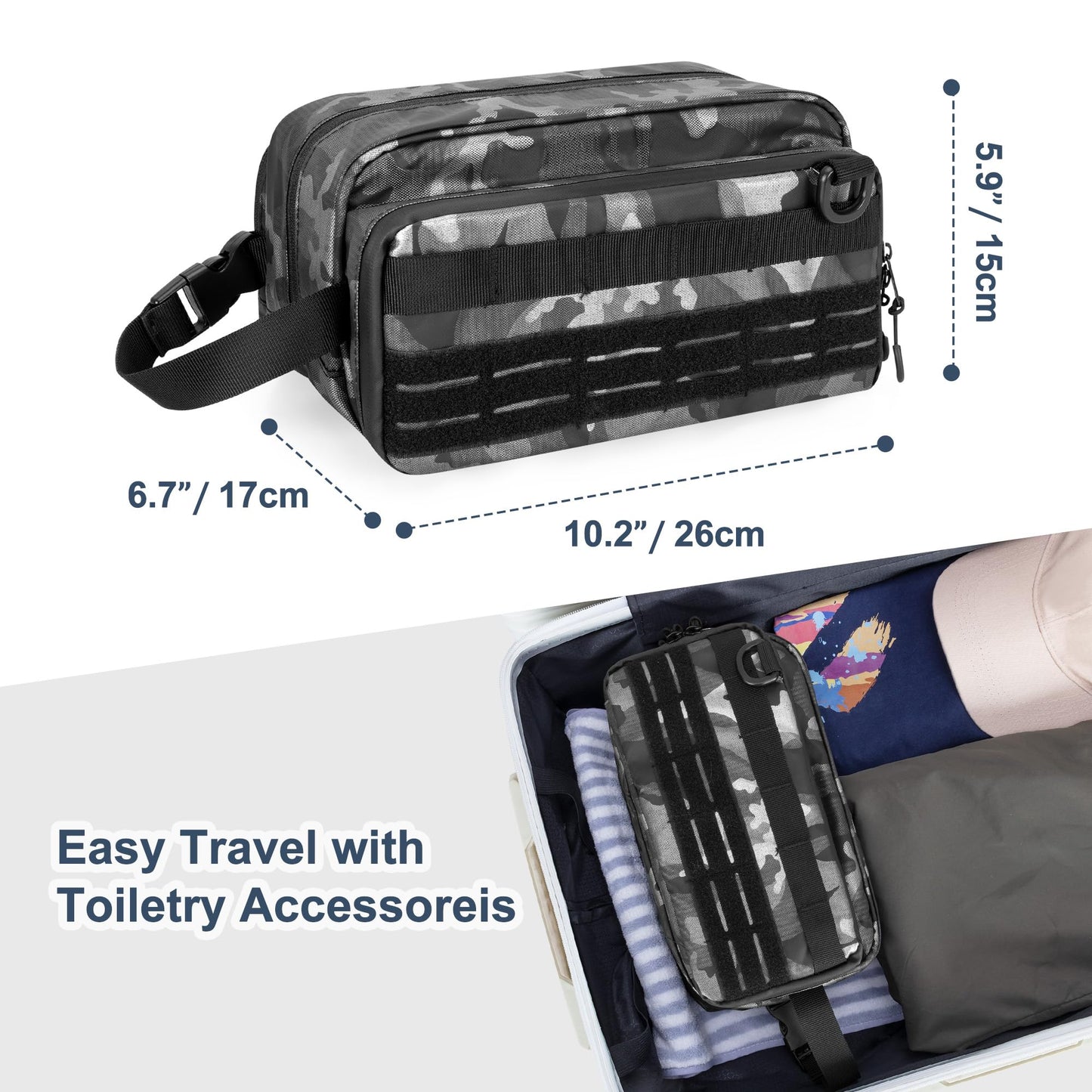 Prokva Toiletry Travel Bag for Men Tactical Hygiene Bag, Shaving Kit Toiletries Organizer Dopp Kit with Large Capacity, Black Camo(Empty Bag Only)