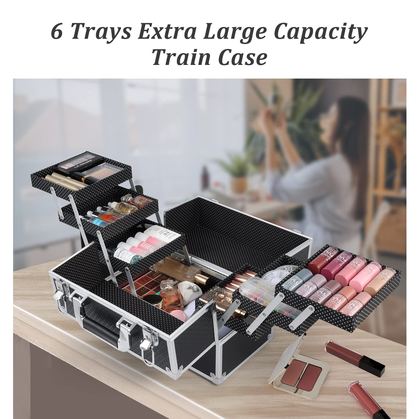 FRENESSA Makeup Train Case Makeup Case 11.8 Inch Large Cosmetic Box Organizer Travel Storage Professional Make Up Train Carrying Case with 6 Trays Locking Hard Vanity Storage Black