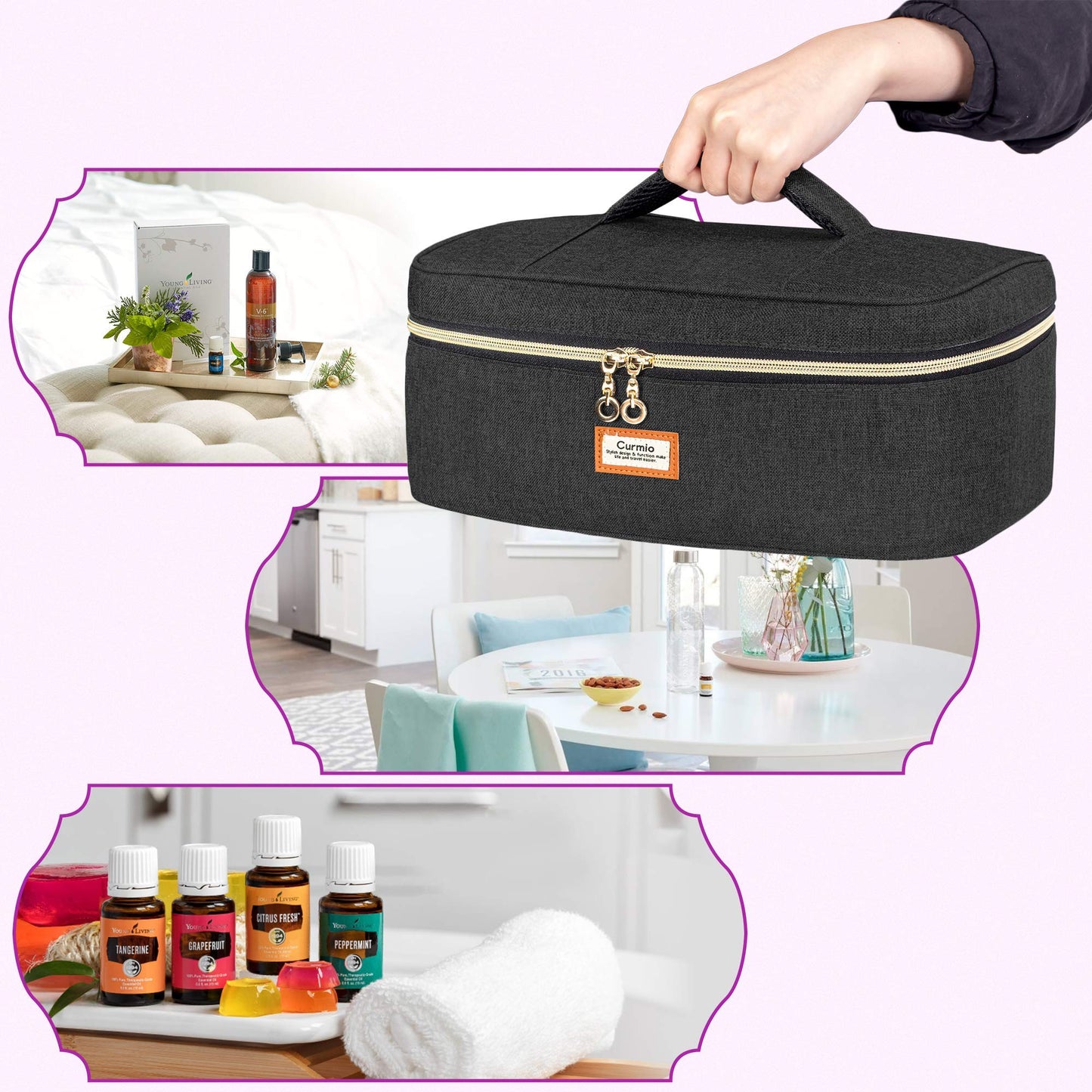 CURMIO Essential Oil Storage Case for 40 Bottles (5ml-30ml), Essential Oils Organizer Case with 2 Detachable Visible Pouches and Portable Handle, Patented Design, Black (Bag Only)