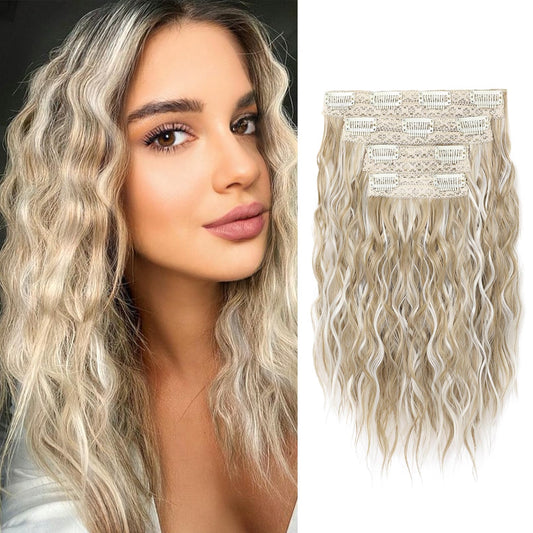 REECHO Clip in Hair Extensions, 4PCS Hair Extensions 12" Short Curly Wavy Blonde hair extensions Invisible Lace Weft Natural Soft Hairpieces for Women – Ash Blonde with Highlights