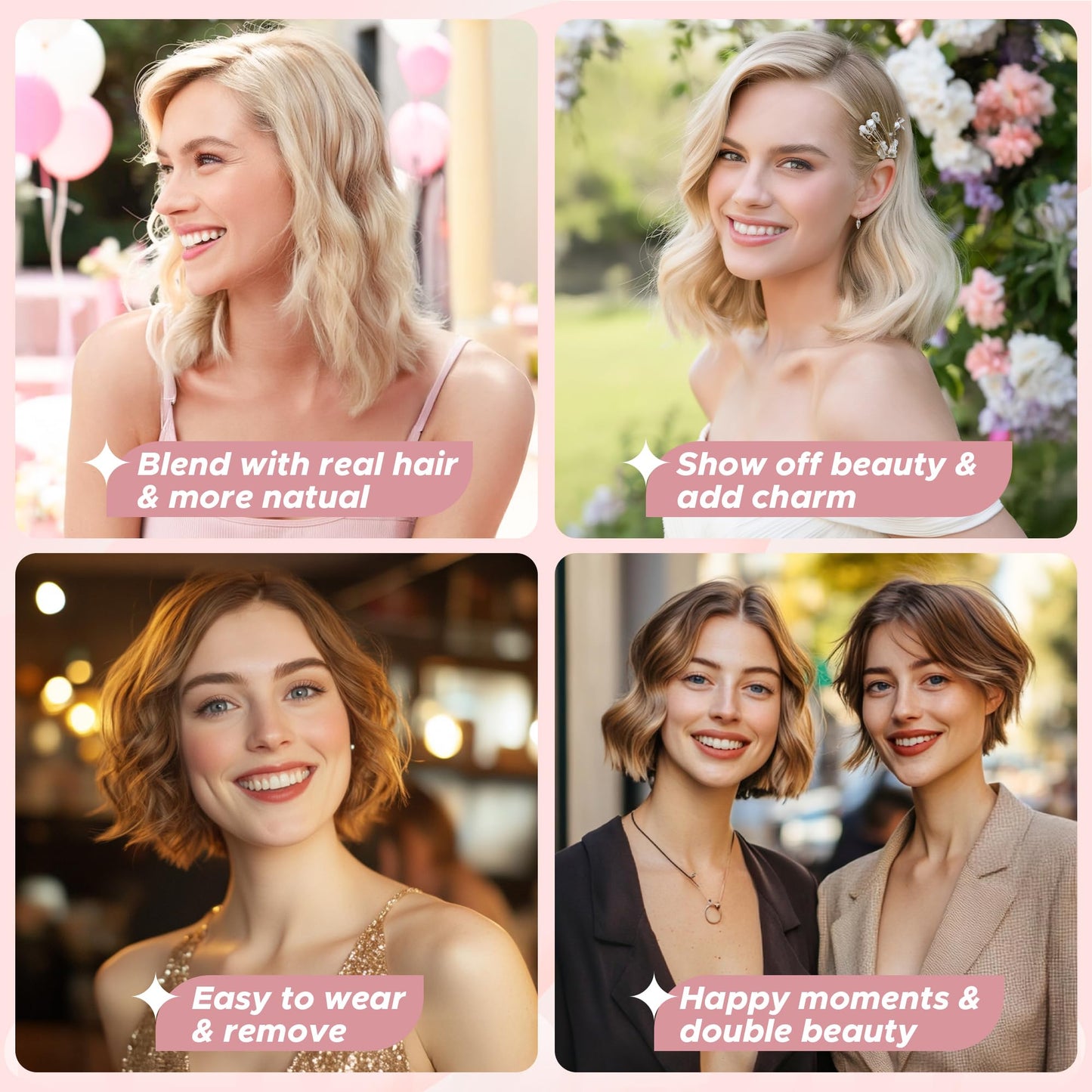 SEGO 4 Pcs Clip in Short Hair Volumizer Extensions Real Human Hair Natural Thick Hairpieces Toppers for Women With Thinning Hair Add Volume -#12P613 Golden Brown&Bleach Blonde