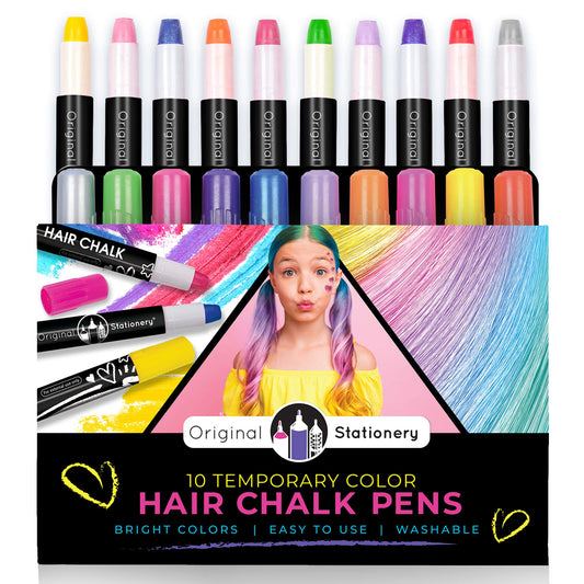 Original Stationery 10-Piece Hair Chalk for Girls Set, Temporary Hair Color Pens, Ideal for Face Painting, Vibrant Metallic Markers, Washable Chalk for Girls, Amazing Birthday Gift
