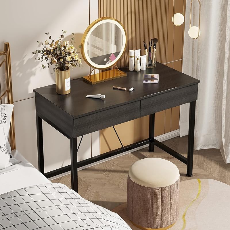 CAIYUN Small Computer Desk with Drawers - 39.4 Inch Desk with Storage, Black Wood & Metal