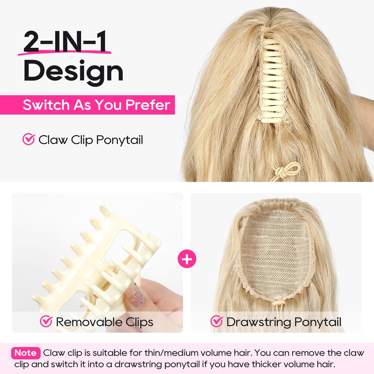 REECHO Ponytail Extension, 24" Claw Clip in Ponytail Extensions Long Curly Wavy Ponytail Hair Extension Jaw Clip on Pony Tails Hairpiece for Women - Medium Blonde with Blonde Highlights