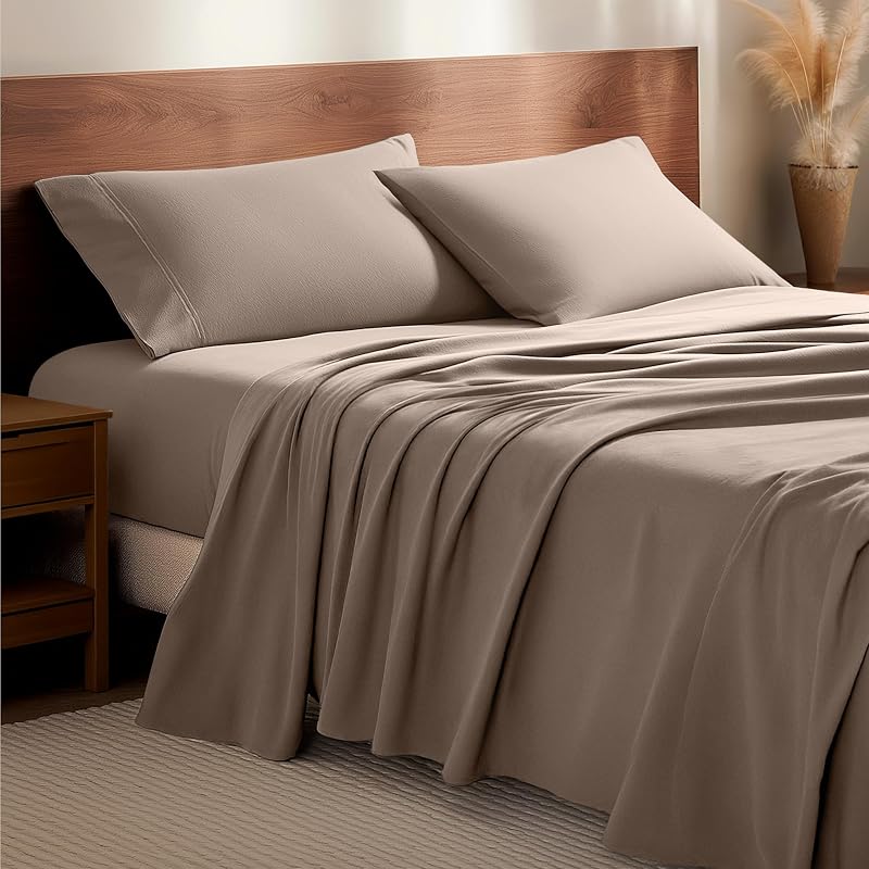 Bare Home 100% Cotton Flannel Sheet Set - Taupe, Split King (07) King Flat + 2 King Pillowcases