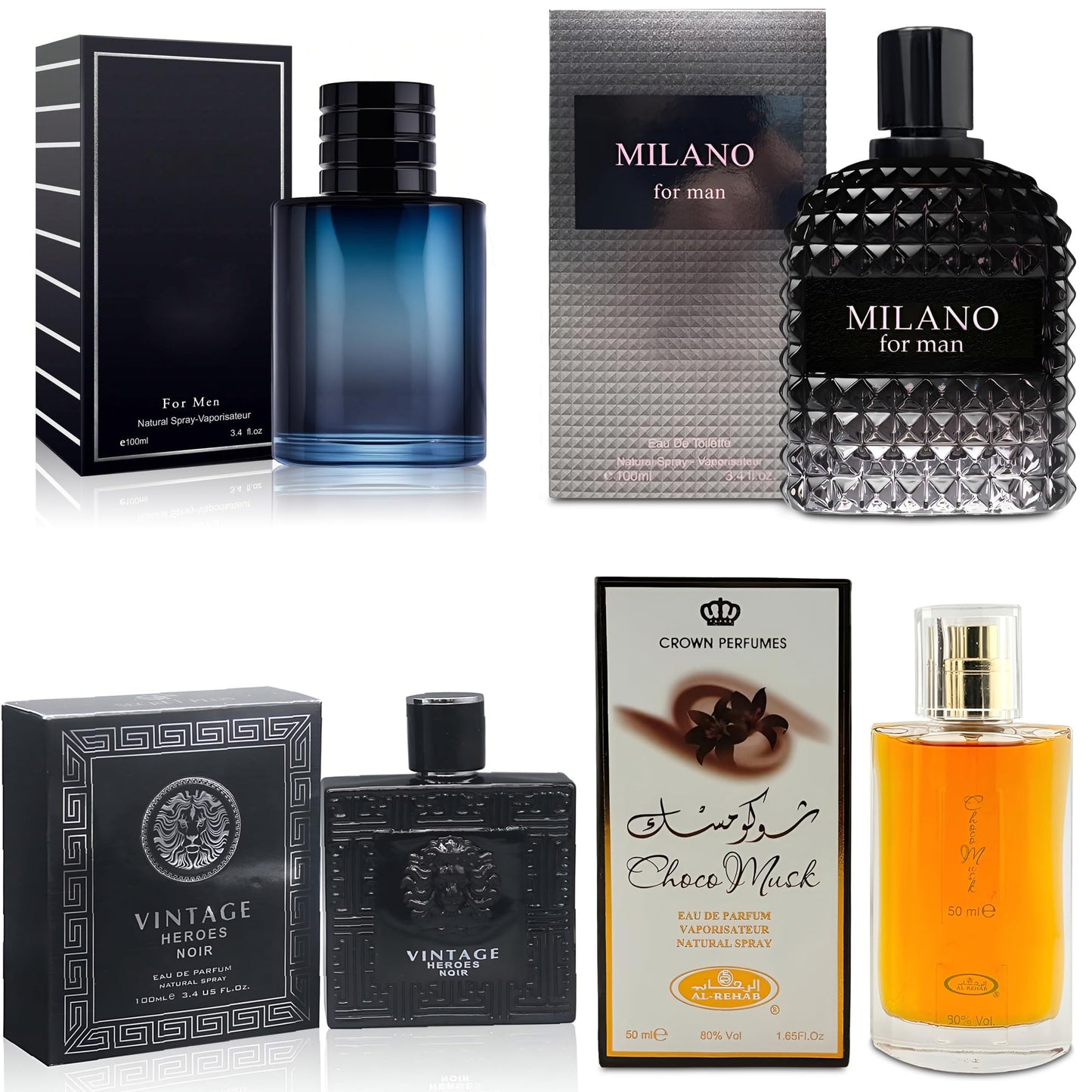 AFLUXE 4-Piece Cologne for Men Includes Choco Musk/SE/Vintage Heroes Noir/Milano Scent of Woody, Spicy, Citrus & Aromatic eau de parfum Men Gift Set Each 100Ml for Daily Use