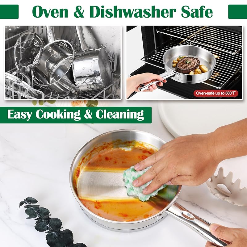 Stainless Steel 10-Piece Cookware Set - Induction Ready Pots & Pans, Oven Safe to 500°F