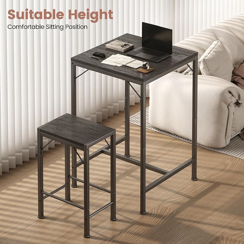 Homeiju Black Bar Table & 2 Stools Set – 23.6” Square, Space-Saving Pub Set
