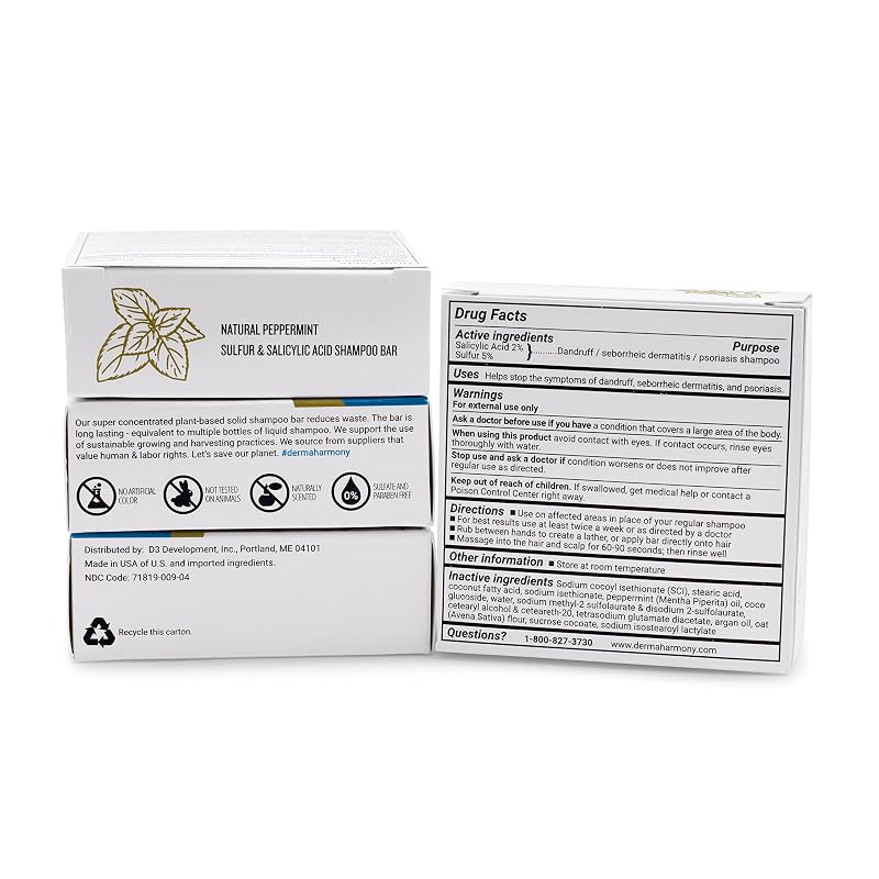 DermaHarmony Sulfur 5% & Salicylic Acid 2% Dandruff Shampoo Bar, 4 oz (Pack of 2) — Peppermint