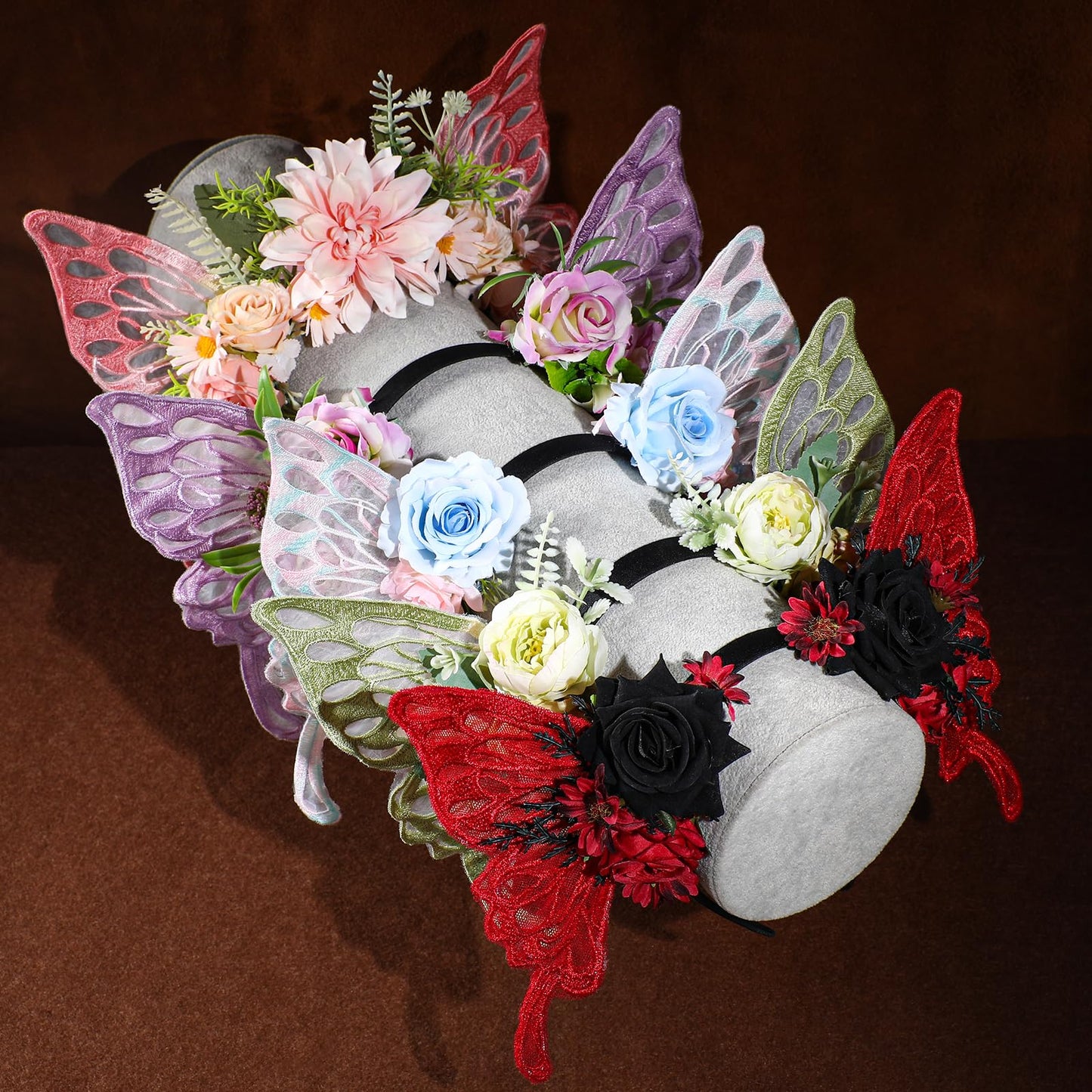 MOSTORY Green Flower Fairy Crown - Butterfly Wings Headband Floral Hairband Woodland Headpiece Fairy Costume for Women Princess Renaissance Ren Faire Elf Cosplay Halloween