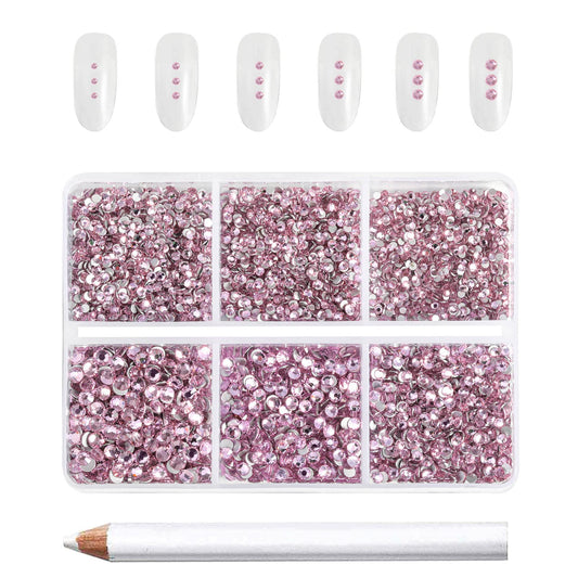 Beadsland 7200pcs Flatback Rhinestones, Pink Nail Gems Round Crystal Rhinestones for Crafts, Mixed 6 Sizes with Wax Pencil Kit, SS3-SS10, Light Rose/Light Pink