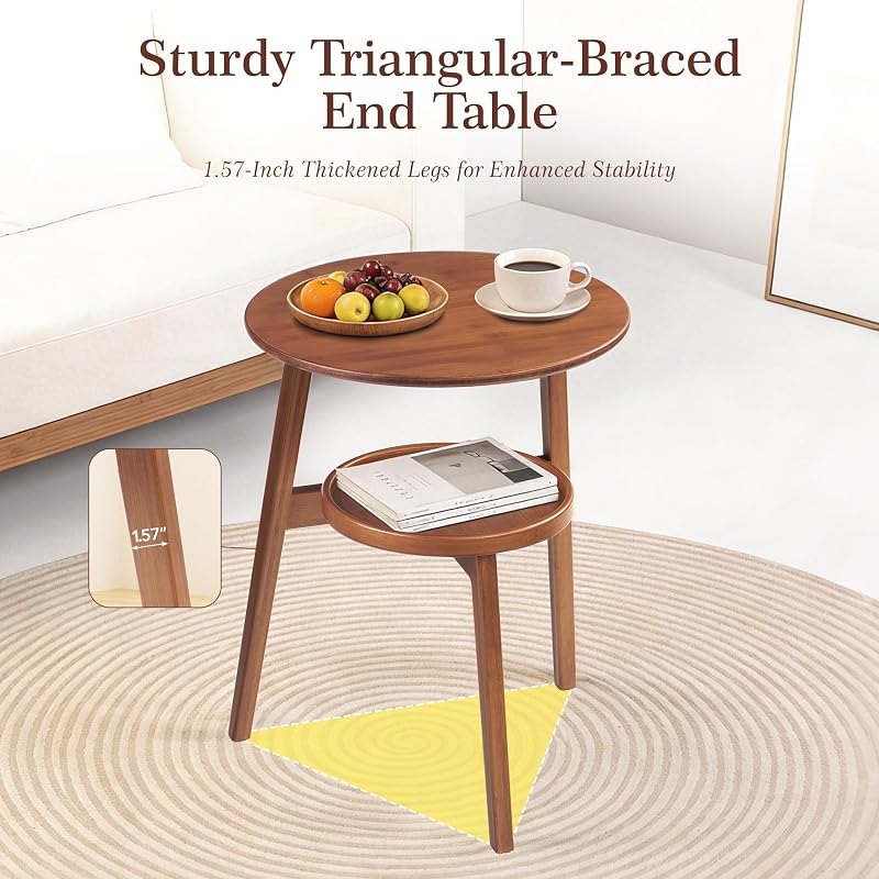 2-Tier Round Bamboo Side Table Brown-1 | Mid Century Modern End Table