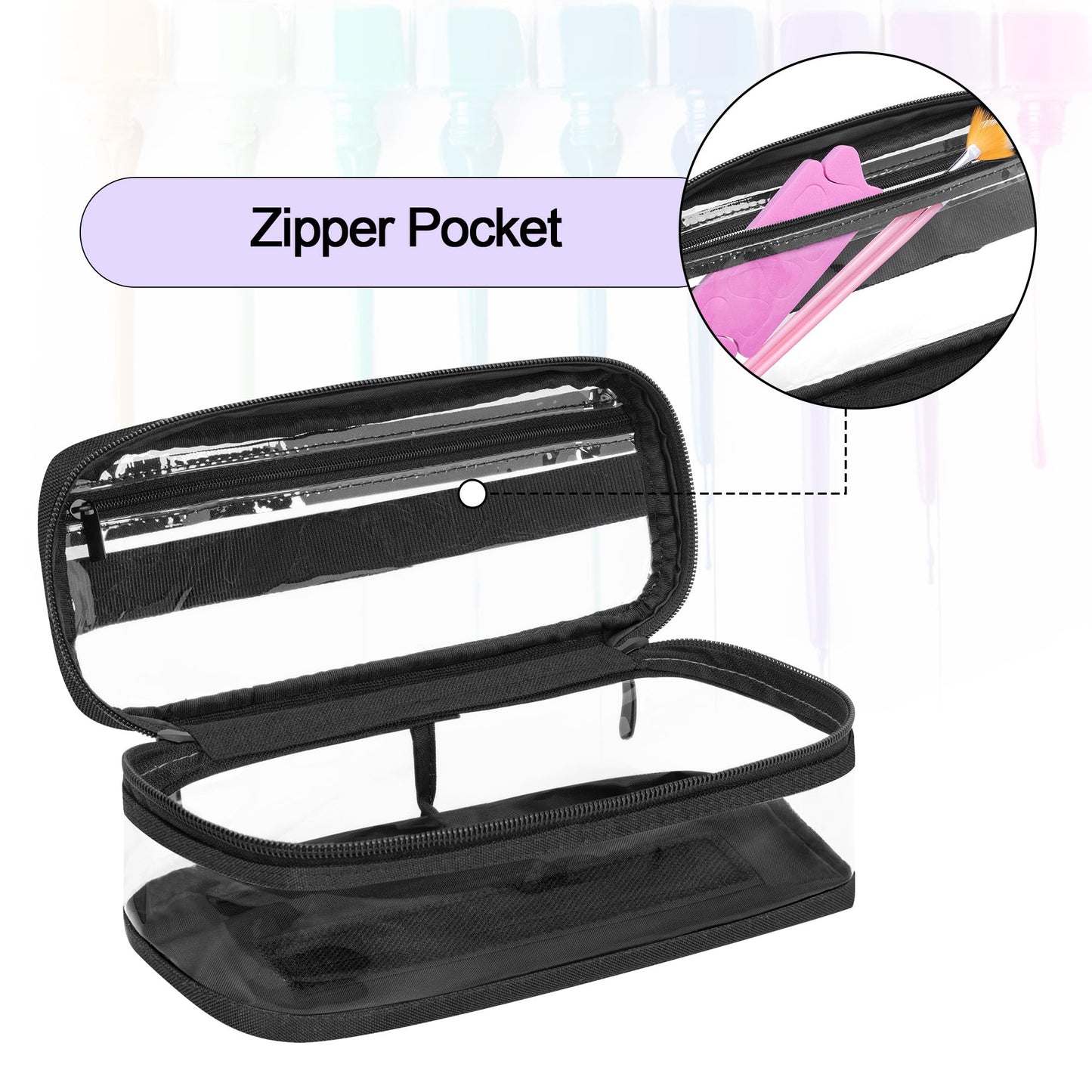 BAFASO Small Clear Nail Polish Organizer Case Holds 12 Bottles (15ml - 0.5 fl.oz), PVC Nail Polish Storage with a Removable Inner Pouch (Bag Only), Black (Patented)