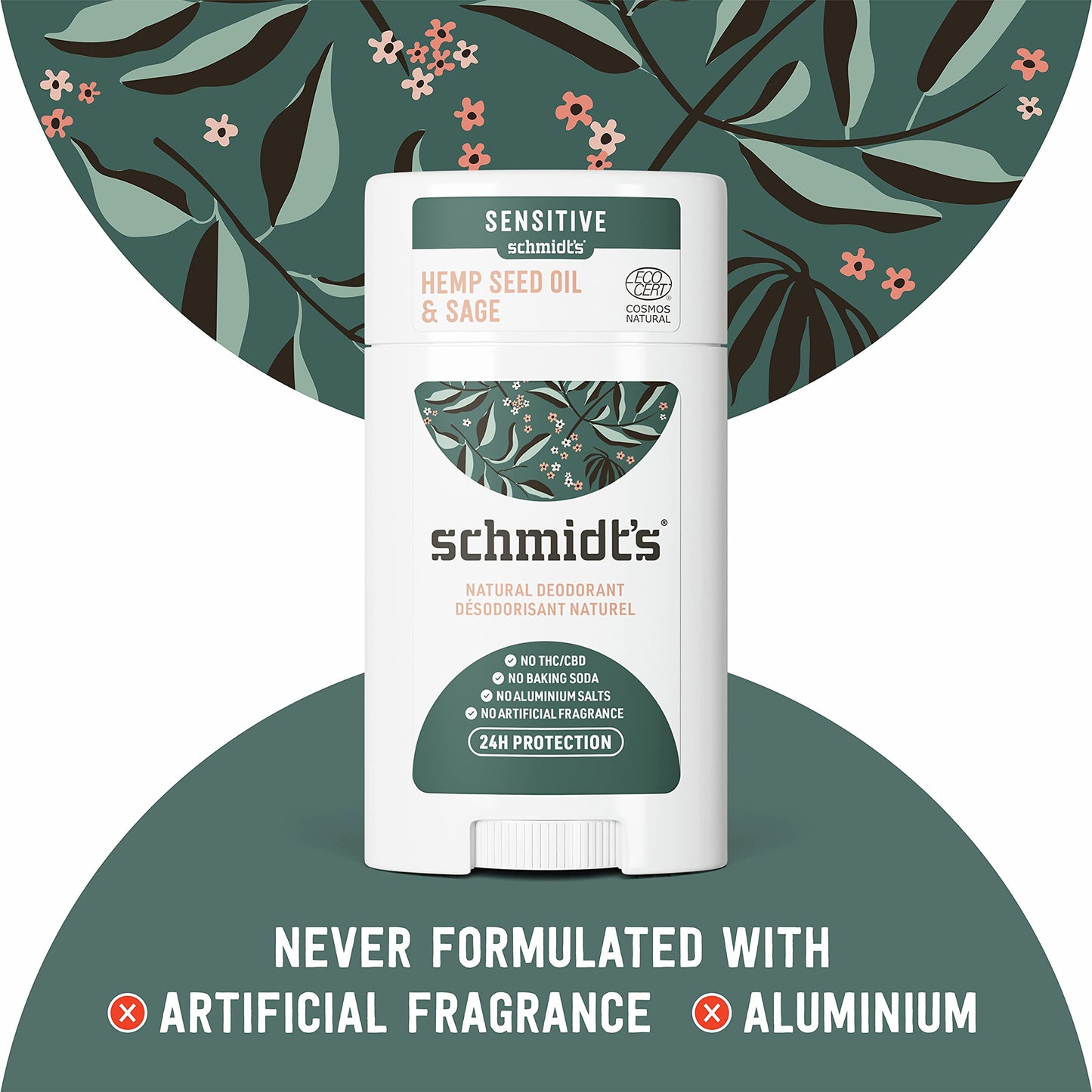 Schmidt's Aluminum Free Natural Deodorant for Women and Men, Hemp Seed Oil and Sage for Sensitive Skin with 24 Hour Odor Protection, Vegan, Cruelty Free, 2.65 oz