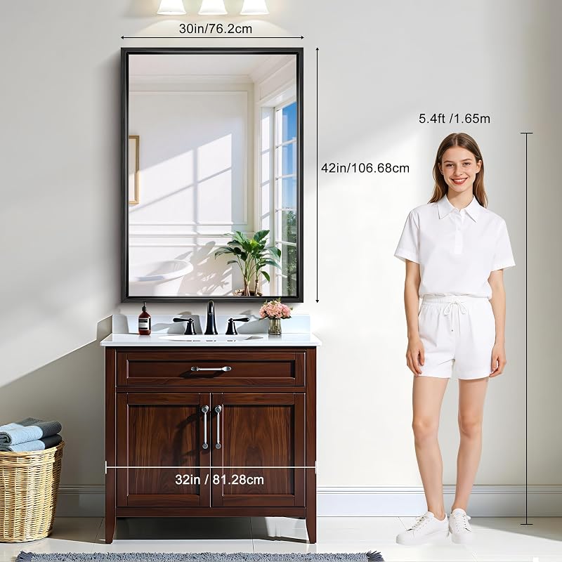 Circumi 30x42 Inch Brushed Black Rectangle Wall Mirror – Chunky Frame, Shatterproof Glass