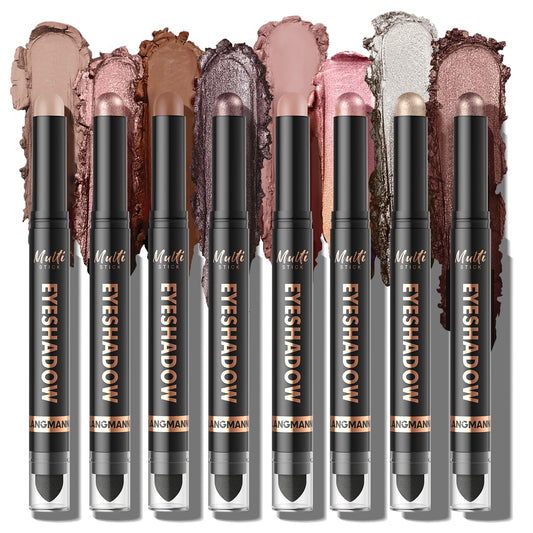 LANGMANNI 8Colors Dual-Ended Eyeshadow Stick Set – Silky Smooth, Waterproof & Transfer-Proof, Built-in Blender Brush, All-Day Matte & Shimmer Wear Eye Makeup(#A)