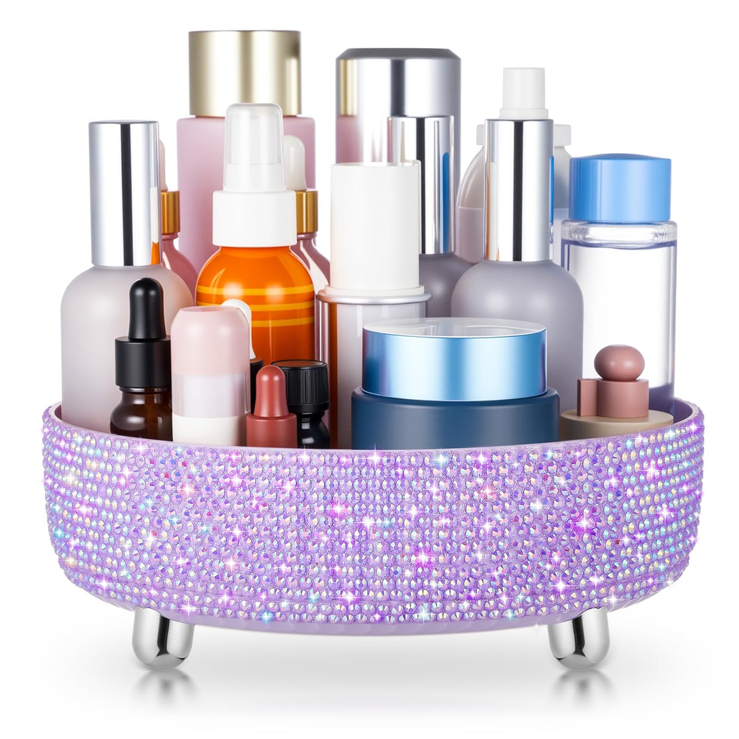 Honeydak Bling Perfume Makeup Organizer Rhinestone Bathroom Organizers and Storage 360 Rotating Makeup Organizer for Countertop Women Girls Essentials(Purple,Rhinestone)