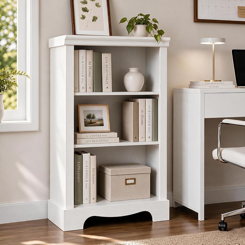 3-Tier Bookshelf, Small White Bookcase — 11.4"D x 24.6"W x 38"H — Variation: White+3-tier
