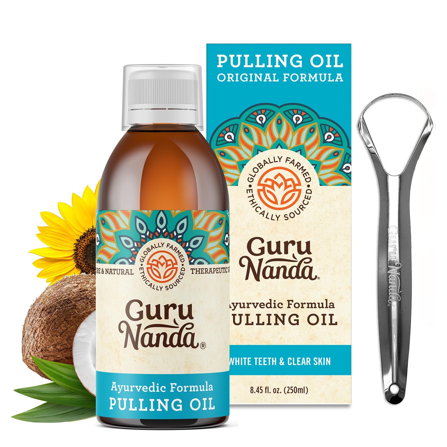 GuruNanda Original Oil Pulling Mouthwash, Promotes Deep Cleaning, with Coconut & Sesame for Teeth & Gum Health & Fresh Breath, Alcohol-Free, 8.45 Fl Oz