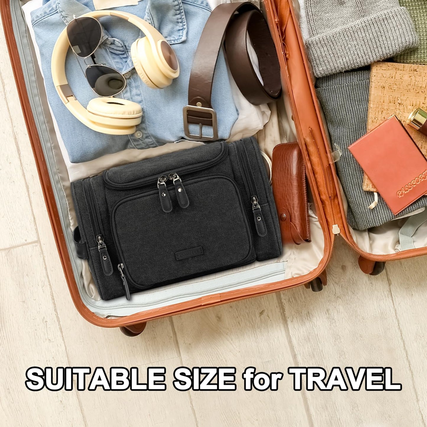 ZOMFELT Travel Toiletry Bag for Men, Canvas Toiletry Dopp Kit Organizer with Wet Pocket, Water-resistant Multiple Pockets Shaving Bag for Gym Essentials and Toiletries Accessories, Black