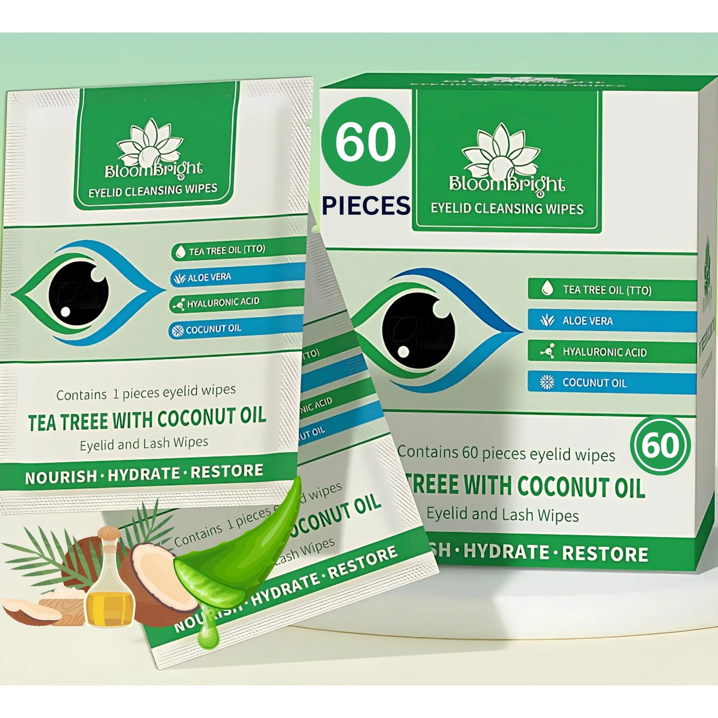 60 Pcs Tea Tree Oil Eyelid Cleansing Lash Wipes with Coconut Hyaluronic Acid Green Tea Chamomile Aloe Vera Itchy Stye Eyes Relief Natural Individually Wrapped Makeup Remover Daily Cleanser