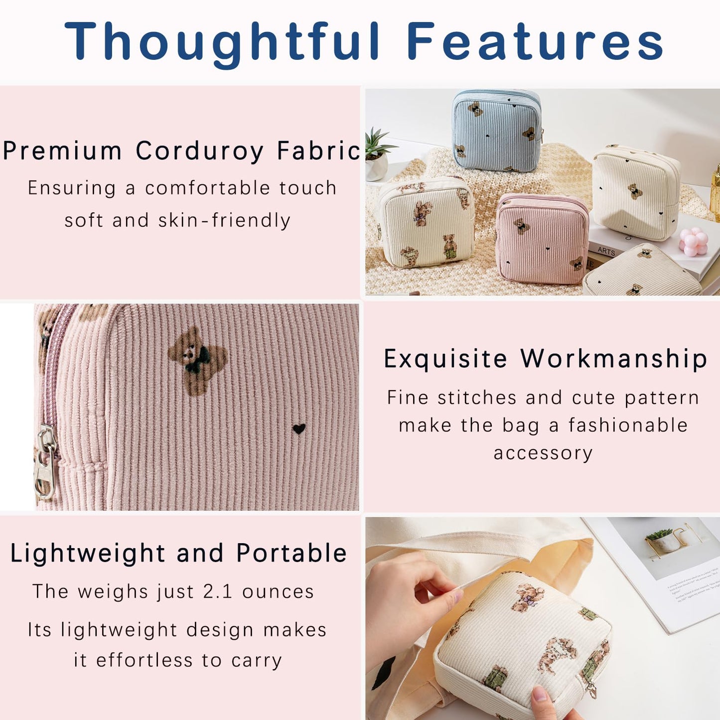 RSRSLEII Cute Mini Corduroy Zipper Makeup Bag for Purse, Coquette Aesthetic Pouch with Bear Pattern for Women Girls,Key Pocket Lipstick Bag Card Holder Data Cable Organizer(01Pink Bear)