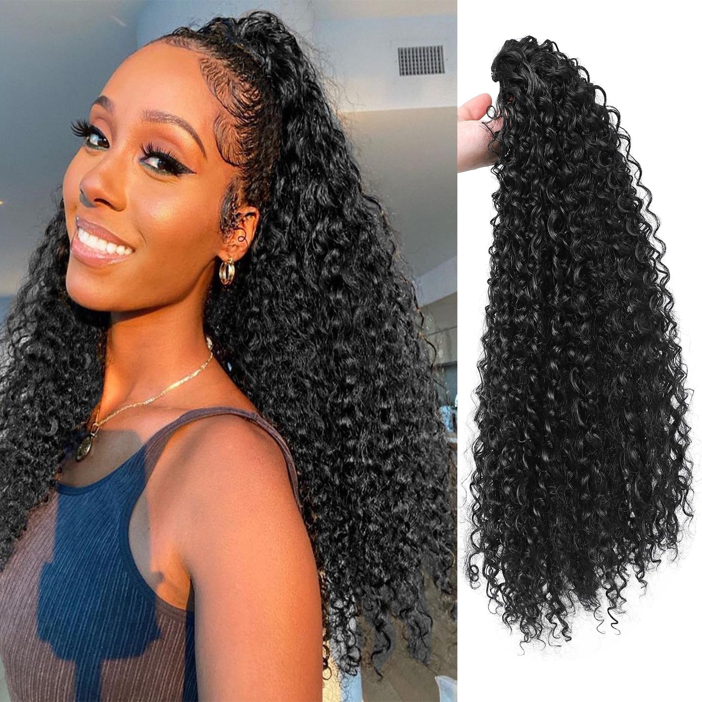 Drawstring Ponytail Extension for Black Women Deep Curly 20 Inch Afro Kinky Curly Clip in Pony Tails Hair Extensions Curly Synthetic Soft Fluffy Ponytail for Daily Use