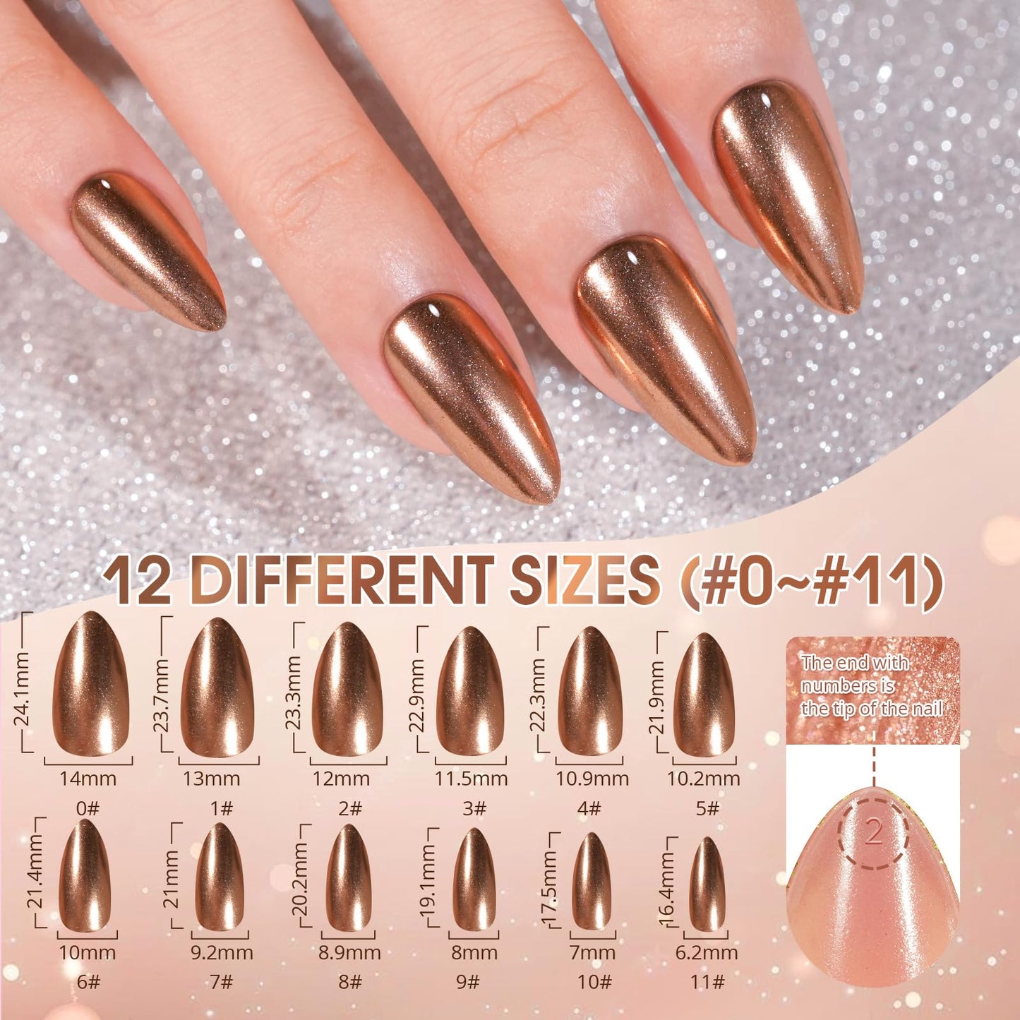 Chrome Press on Nails Short 6 Styles, Jofay Fashion 144Pcs Salon-Like Mirror Metal Stiletto Fake Nails with Glue, Glitter Artificial Acrylic False Nails for Party, Glue on Nails Press Ons in 12 Sizes
