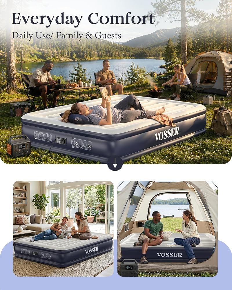 VOSSER Queen Air Mattress with Built-in Pump - 13 Inch, 800 lb cap, Blue Variation