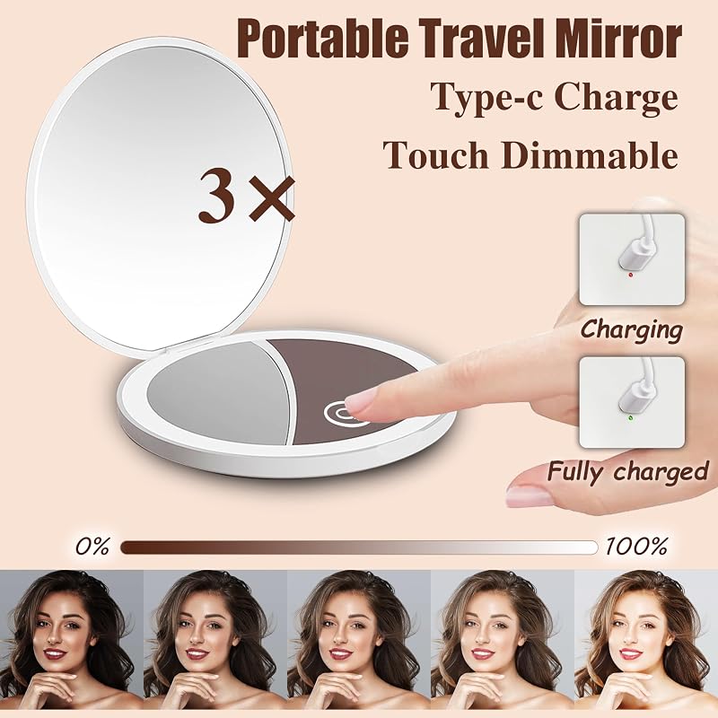 Jilier 14-Piece Mini Makeup Brush Set & LED Travel Mirror – Brown Variation