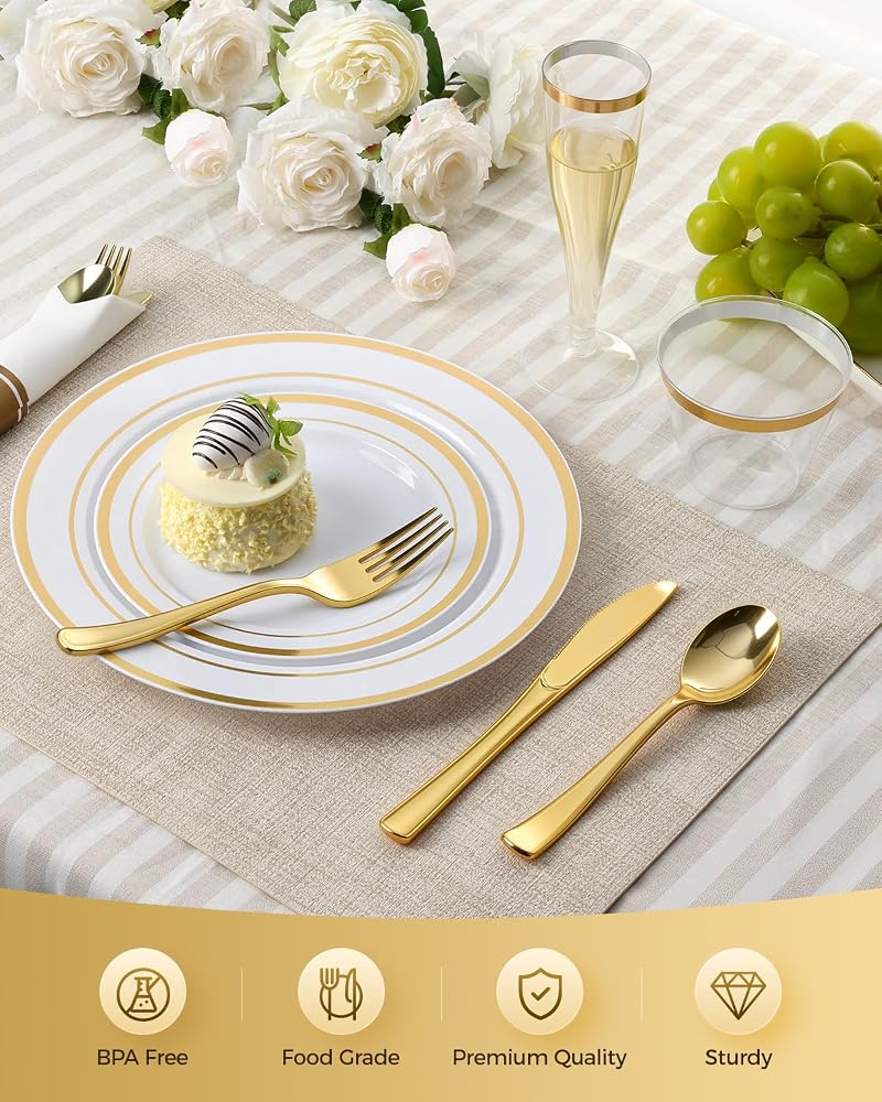 560Pcs Fancy Disposable Dinnerware Set for 70 Guests - Gold Rim Plates, Cups, Napkins & Glassware (Variation: Gold+560 Pcs)