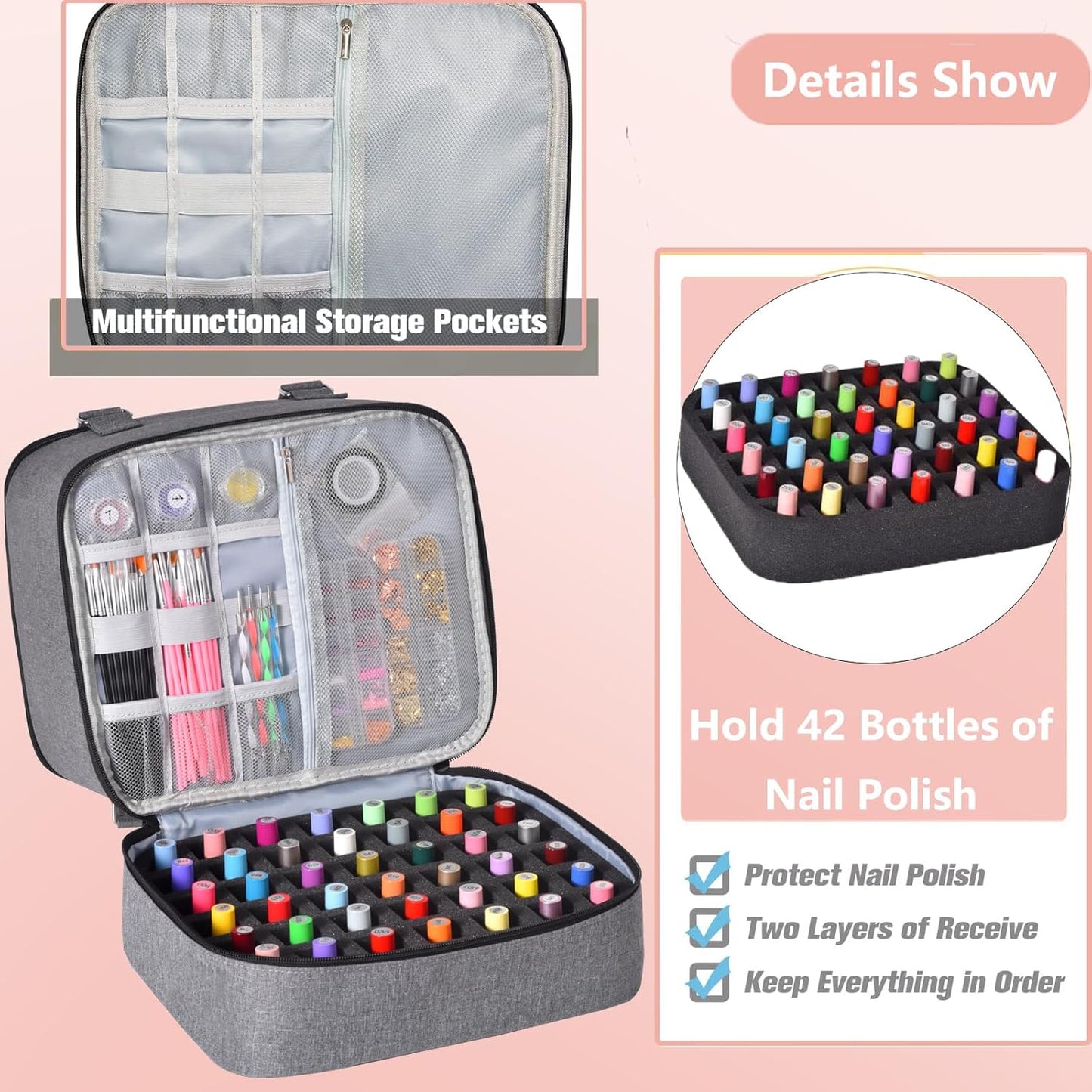 Nail Polish Organizer Bag with Travel Case for 30+ Bottles & Nail Lamp - Purple