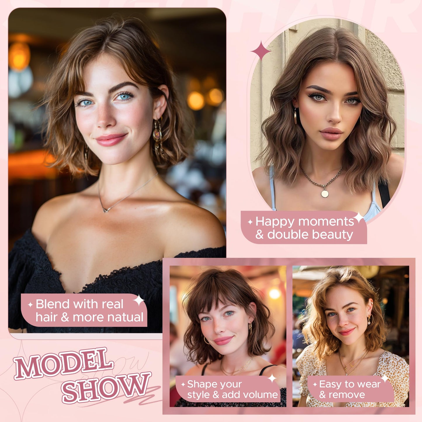 SEGO Hair Toppers for Women Real Human Hair with Wispy Bangs, 9 * 12.5 cm Hand-tied Base Invisible Edges Breathable Fluffy Clip in Top Hairpieces Add Volume -06 Light Brown