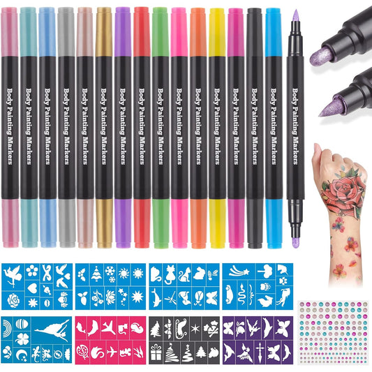 16-Color Temporary Tattoo Markers Set with Stencils - Dual-End Cosmetic Pens for Kids & Adults