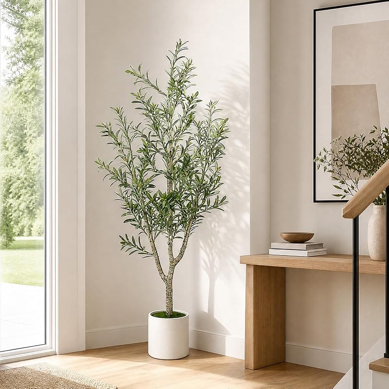 MCTYBB 6ft Olive Trees Artificial Indoor with White Planter - Triple-Trunk